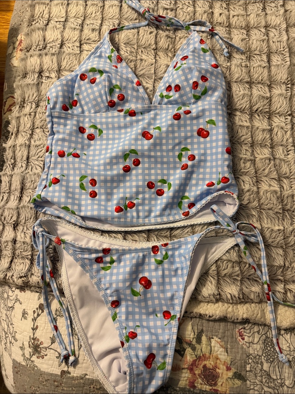 Light Blue Gingham Cherry Two-Piece Swimsuit